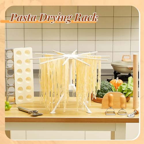 Geetery 8 Pcs Ravioli Mold Set Include 1 Ravioli Maker 1 Foldable Pasta Drying Rack 1 Wooden Ravioli Rolling Pin 1 Pizza Slicer 1 Dough Scraper 3 Pasta Stamps for Kitchen Pasta Making Tools