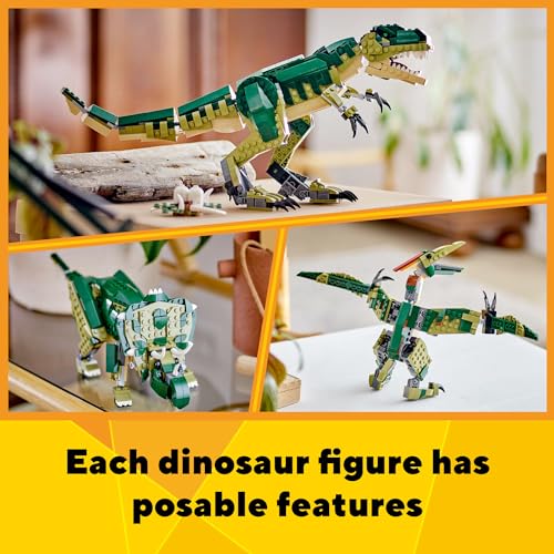 LEGO Creator 3 in 1 T. rex Toy, Transforms from T.rex to Triceratops to Pterodactyl, Dino Toy Figures for Kids, Posable Dinosaur Model Building Set, Animal Toy Gift Idea for Boys and Girls, 31151