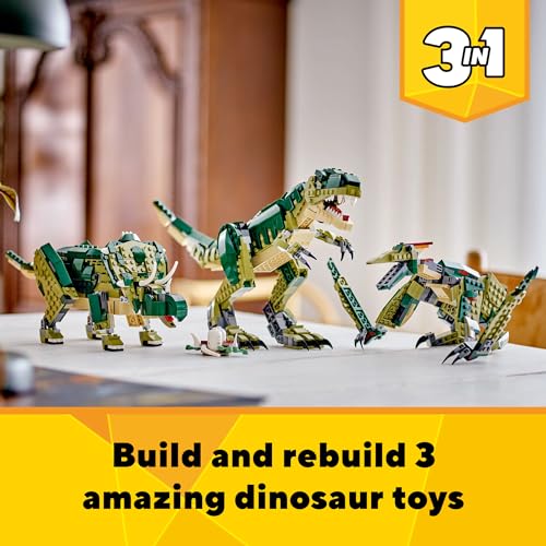 LEGO Creator 3 in 1 T. rex Toy, Transforms from T.rex to Triceratops to Pterodactyl, Dino Toy Figures for Kids, Posable Dinosaur Model Building Set, Animal Toy Gift Idea for Boys and Girls, 31151