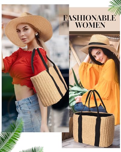 4 Pcs Straw Bag Woven Bag and Rattan Wicker Hat Tassel Earrings Set Summer Tote Handbag for Woman Vacation Boho Accessories