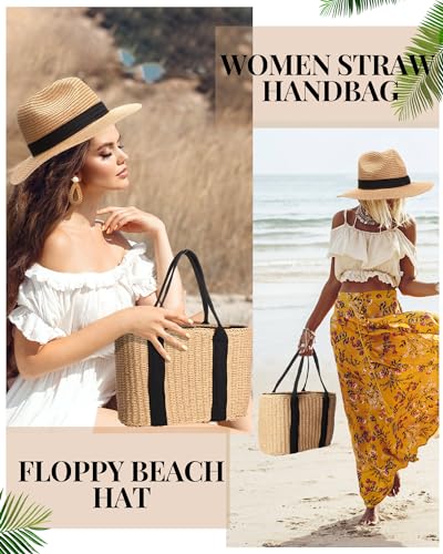 4 Pcs Straw Bag Woven Bag and Rattan Wicker Hat Tassel Earrings Set Summer Tote Handbag for Woman Vacation Boho Accessories