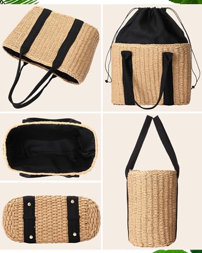 4 Pcs Straw Bag Woven Bag and Rattan Wicker Hat Tassel Earrings Set Summer Tote Handbag for Woman Vacation Boho Accessories