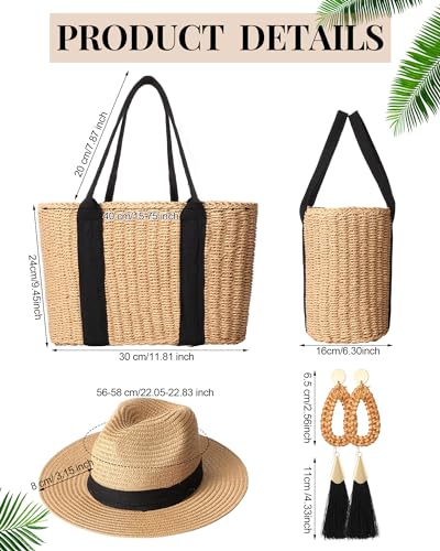 4 Pcs Straw Bag Woven Bag and Rattan Wicker Hat Tassel Earrings Set Summer Tote Handbag for Woman Vacation Boho Accessories