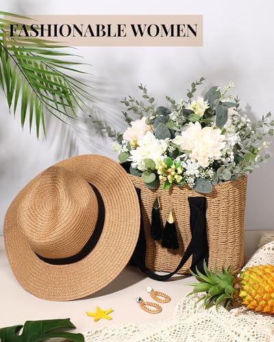 4 Pcs Straw Bag Woven Bag and Rattan Wicker Hat Tassel Earrings Set Summer Tote Handbag for Woman Vacation Boho Accessories