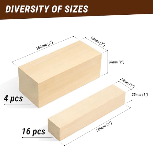 BeaverCraft Basswood Carving Blocks BW20 pcs Large Bass Wood Blocks for Wood Carving Whittling Wood for Carving - Blank Wooden Blocks for Crafts 6"х2" Carving Wood Kit - Soft Unfinished Wood