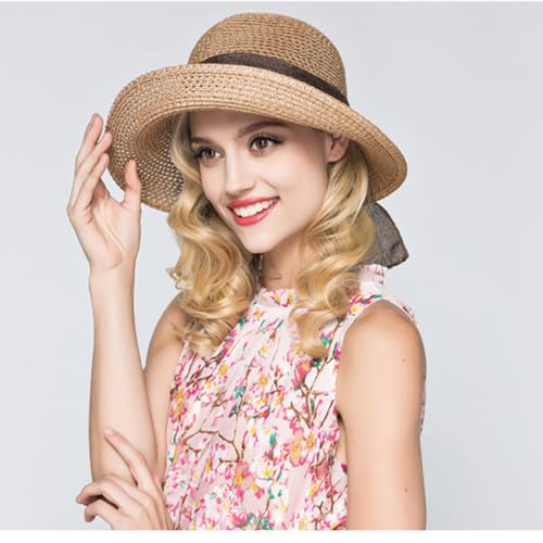 Women Straw Sun Hats Wide Brim Ribbons Roll Up Bucket UPF 50+ Foldable Floppy Sun Hat with Strap UV Protection Summer Beach