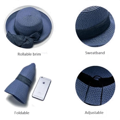 Women Straw Sun Hats Wide Brim Ribbons Roll Up Bucket UPF 50+ Foldable Floppy Sun Hat with Strap UV Protection Summer Beach