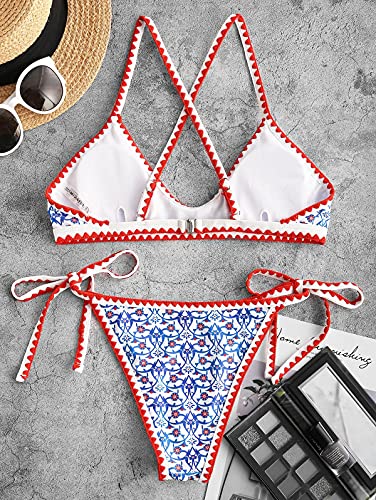 ZAFUL Women's Bohemian Swimsuit Strappy Tie Side Bikini Set Triangle Cheeky String Brazilian Swimwear