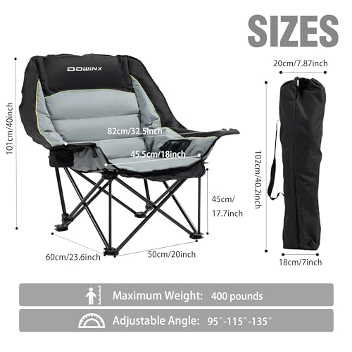 Dowinx Oversized Extra Large Camping Chair for Adults, Lawn Chairs, Folding, 3 levels adjustable Padded Camping Chair, Heavy-Duty 600D Oxford Cloth, with Cup Holder, 400 Pound Capacity, Black