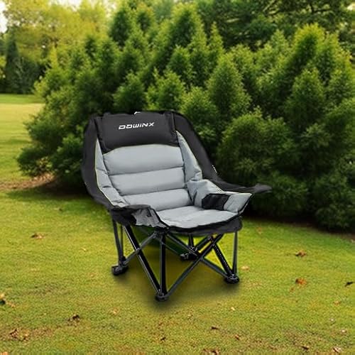 Dowinx Oversized Extra Large Camping Chair for Adults, Lawn Chairs, Folding, 3 levels adjustable Padded Camping Chair, Heavy-Duty 600D Oxford Cloth, with Cup Holder, 400 Pound Capacity, Black