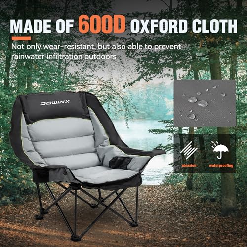 Dowinx Oversized Extra Large Camping Chair for Adults, Lawn Chairs, Folding, 3 levels adjustable Padded Camping Chair, Heavy-Duty 600D Oxford Cloth, with Cup Holder, 400 Pound Capacity, Black