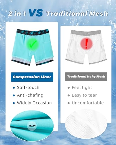 SURF CUZ Mens Swim Trunks with Compression Liner 5" Swim Shorts Quick Dry Bathing Suit Swimming Trunks Zipper Pockets