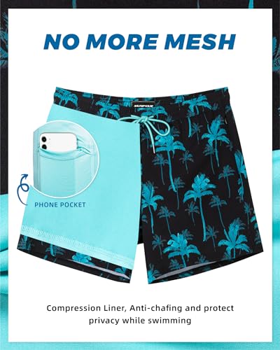 SURF CUZ Mens Swim Trunks with Compression Liner 5" Swim Shorts Quick Dry Bathing Suit Swimming Trunks Zipper Pockets