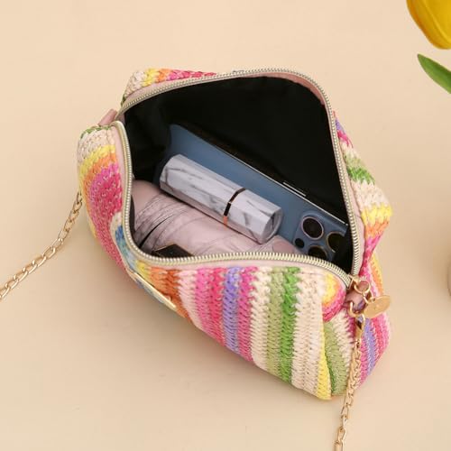 Women’s Straw Tote Bag Rainbow Striped Casual Beach Shoulder Bag Summer Vacation Straw Crossbody Bag Purse 2024