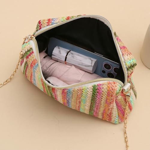 Women’s Straw Tote Bag Rainbow Striped Casual Beach Shoulder Bag Summer Vacation Straw Crossbody Bag Purse 2024