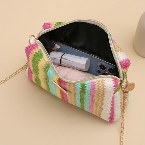 Women’s Straw Tote Bag Rainbow Striped Casual Beach Shoulder Bag Summer Vacation Straw Crossbody Bag Purse 2024