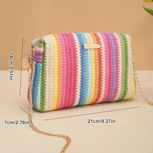 Women’s Straw Tote Bag Rainbow Striped Casual Beach Shoulder Bag Summer Vacation Straw Crossbody Bag Purse 2024