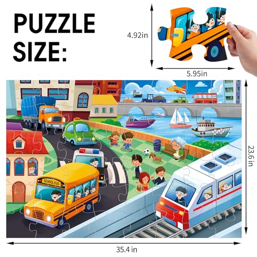 Jumbo Floor Puzzle for Kids,City Transportation Jigsaw Large Puzzles,48 Piece City Life Vehicle Puzzle for Toddler Ages 3-5,Children Learning Preschool Educational Toys,Gift for 4-8 Years Old