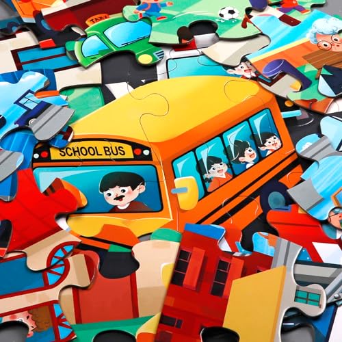 Jumbo Floor Puzzle for Kids,City Transportation Jigsaw Large Puzzles,48 Piece City Life Vehicle Puzzle for Toddler Ages 3-5,Children Learning Preschool Educational Toys,Gift for 4-8 Years Old