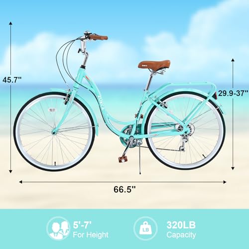 26 Inch Beach Cruiser Bike for Women, Hybrid Cruiser Bike with Adjustable Seat, 7 Speeds Commuter Bike with Anti-Skid Tires& V-Brakes, Lightweight Carbon Steel Bike for Women,Multi Color