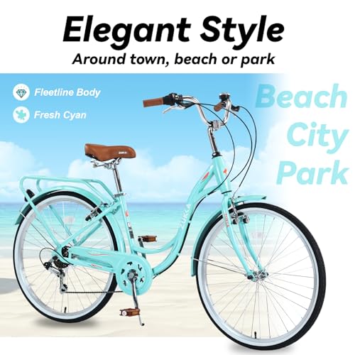 26 Inch Beach Cruiser Bike for Women, Hybrid Cruiser Bike with Adjustable Seat, 7 Speeds Commuter Bike with Anti-Skid Tires& V-Brakes, Lightweight Carbon Steel Bike for Women,Multi Color