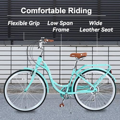 26 Inch Beach Cruiser Bike for Women, Hybrid Cruiser Bike with Adjustable Seat, 7 Speeds Commuter Bike with Anti-Skid Tires& V-Brakes, Lightweight Carbon Steel Bike for Women,Multi Color