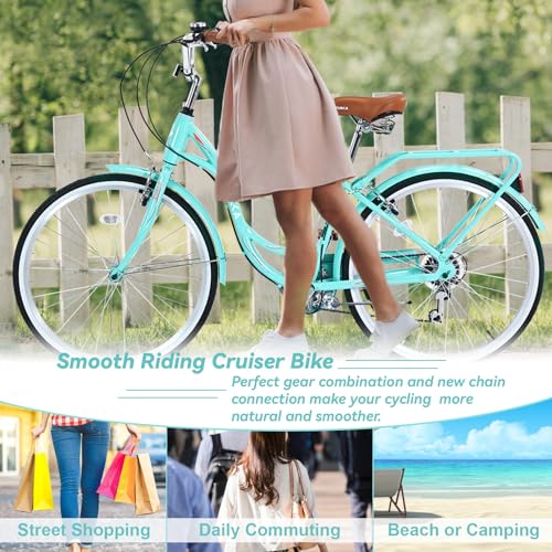 26 Inch Beach Cruiser Bike for Women, Hybrid Cruiser Bike with Adjustable Seat, 7 Speeds Commuter Bike with Anti-Skid Tires& V-Brakes, Lightweight Carbon Steel Bike for Women,Multi Color