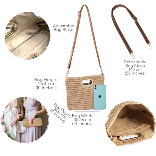 Straw Clutch Purses for Women - Summer Beach Woven Handbags - Top Handle Straw Clutch with Adjustable Shoulder Strap