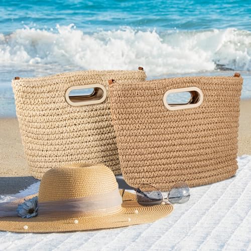 Straw Clutch Purses for Women - Summer Beach Woven Handbags - Top Handle Straw Clutch with Adjustable Shoulder Strap