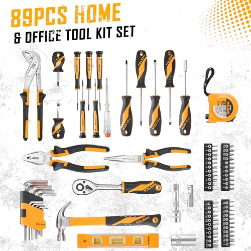 TOLSEN 89-Piece Tool Set Household Tool Kit, Hammer Screwdrivers Set, Tool Kit with Drill Bits, Socket Wrench Set, Hex Key Set, Tape Measure, with Plastic Toolbox Storage Case