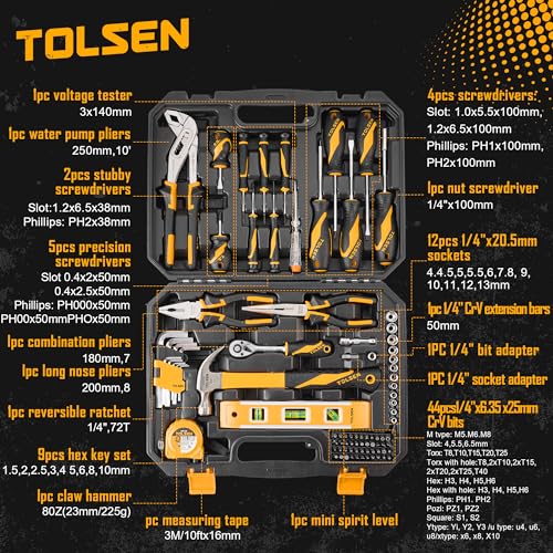 TOLSEN 89-Piece Tool Set Household Tool Kit, Hammer Screwdrivers Set, Tool Kit with Drill Bits, Socket Wrench Set, Hex Key Set, Tape Measure, with Plastic Toolbox Storage Case