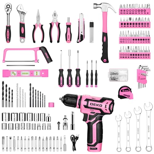 Pink Tool Kit Box Drill Set：DEKOPRO Home Mechanic Toolbox with 12V Power Cordless Drill Hand Repair Tools Sets Combo Kits Storage Organizer Drawer Case for Women