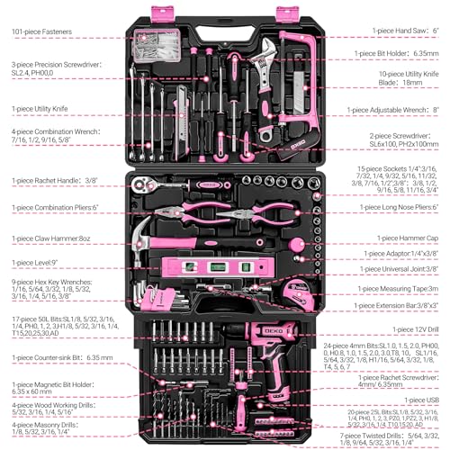 Pink Tool Kit Box Drill Set：DEKOPRO Home Mechanic Toolbox with 12V Power Cordless Drill Hand Repair Tools Sets Combo Kits Storage Organizer Drawer Case for Women