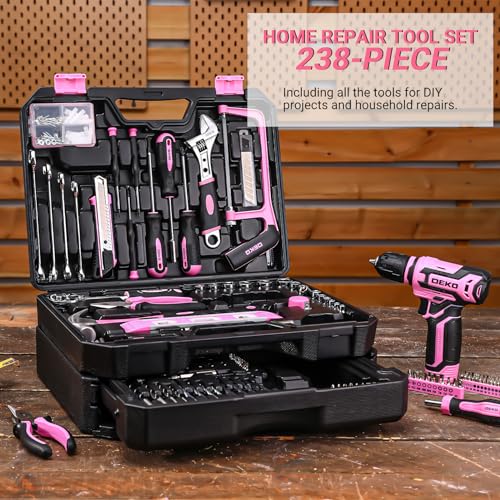 Pink Tool Kit Box Drill Set：DEKOPRO Home Mechanic Toolbox with 12V Power Cordless Drill Hand Repair Tools Sets Combo Kits Storage Organizer Drawer Case for Women