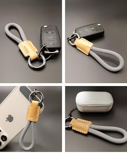 RONGBOER Handmade Cowhide Leather Short Keychain,Car Key Chain Accessories,Keychains for Women And Men,Cell Phone Lanyard (Grey)