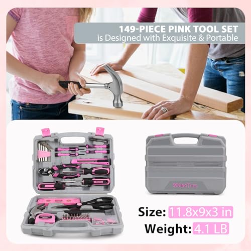 KingTool 149-Piece Pink Tool Kit - Basic Home Repair Tool Set, Small Tool Kit with Plastic Toolbox, Perfect for Women, Office & College Repairs