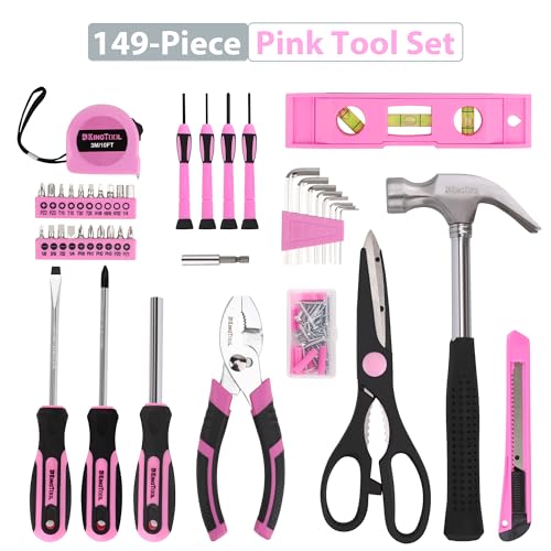 KingTool 149-Piece Pink Tool Kit - Basic Home Repair Tool Set, Small Tool Kit with Plastic Toolbox, Perfect for Women, Office & College Repairs