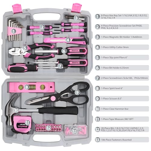 KingTool 149-Piece Pink Tool Kit - Basic Home Repair Tool Set, Small Tool Kit with Plastic Toolbox, Perfect for Women, Office & College Repairs