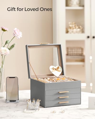 SONGMICS Jewelry Box with Glass Lid, 4-Layer Jewelry Organizer, 3 Drawers, for Big and Small Jewelry, Jewelry Storage, Modern Style, 8 x 9.1 x 6.5 Inches, Dove Gray and Gold Color UJBC173G01