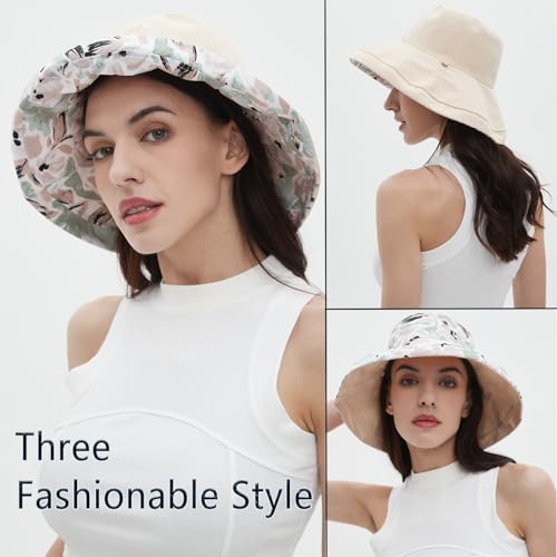 Womens Sun Hats Wide Brim Reversible Bucket Cotton Hat Packable Summer Travel Cap with Hat Clip,UV Protection