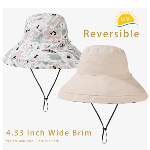 Womens Sun Hats Wide Brim Reversible Bucket Cotton Hat Packable Summer Travel Cap with Hat Clip,UV Protection