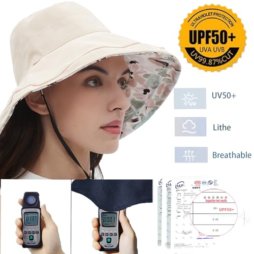 Womens Sun Hats Wide Brim Reversible Bucket Cotton Hat Packable Summer Travel Cap with Hat Clip,UV Protection