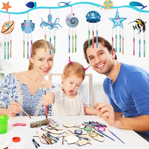 128 Pcs Wind Chime Making Kit for Kids Make Your Own Sea Animals Wind Chime Wooden Ocean Animals Arts Ornaments for Girls Boys DIY Crafts Activity Birthday Summer Party Decoration