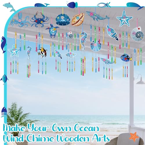 128 Pcs Wind Chime Making Kit for Kids Make Your Own Sea Animals Wind Chime Wooden Ocean Animals Arts Ornaments for Girls Boys DIY Crafts Activity Birthday Summer Party Decoration