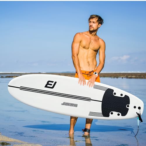 FLOWBOARD Surfboard Softboard Foam 6’ and 7’ and 8' - Includes (3) Fins 6 Foot Long Leash and (2) Wood Stringers - Kids & Adults - Beginner to Intermediate - Comes with High Performance Traction Pad