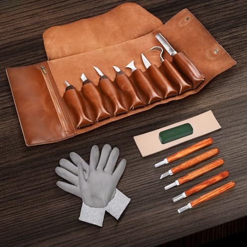 Deluxe Wood Carving Tools-Wood Carving Kit-Wood Carving Knife Set-Wood Whittling Kit for Beginners-Whittling Knife-Wood Carving Tool Set with Genuine Leather Storage Bag