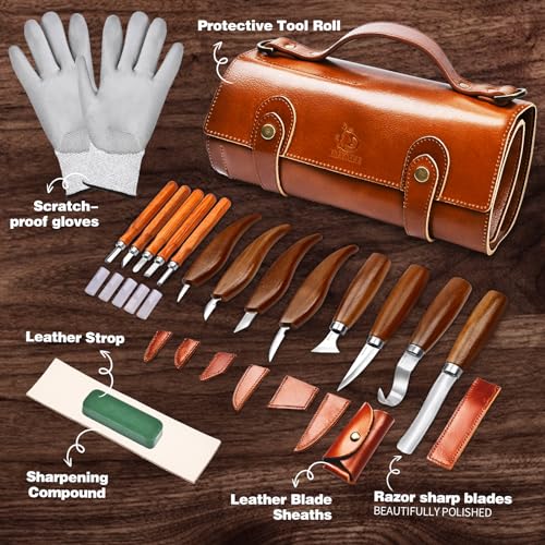 Deluxe Wood Carving Tools-Wood Carving Kit-Wood Carving Knife Set-Wood Whittling Kit for Beginners-Whittling Knife-Wood Carving Tool Set with Genuine Leather Storage Bag