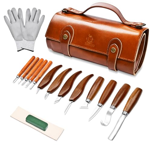 Deluxe Wood Carving Tools-Wood Carving Kit-Wood Carving Knife Set-Wood Whittling Kit for Beginners-Whittling Knife-Wood Carving Tool Set with Genuine Leather Storage Bag