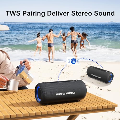 Passau Portable Bluetooth Speakers 40W Peak Loud Stereo Sound, Passive Radiators-Deep Bass, 20H Playtime, Adjustable Strap, Bluetooth 5.3, IPX5 Wireless Speaker with RGB Lights for Indoor Outdoor