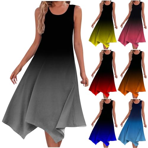 Women's Hankerchief Hem Maxi Tank Dresses Summer Sleeveless Crew Neck Sundress Casual Ruffle A-Line Boho Dress